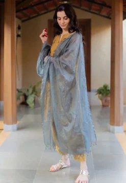 Dusty Teal Solid Kota Doria Silk Dupatta with Mukaish Detailing