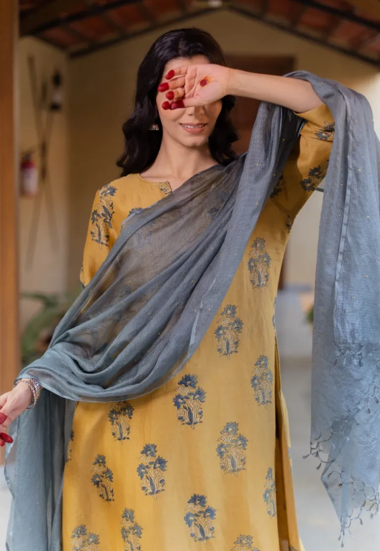 Dusty Teal Solid Kota Doria Silk Dupatta with Mukaish Detailing