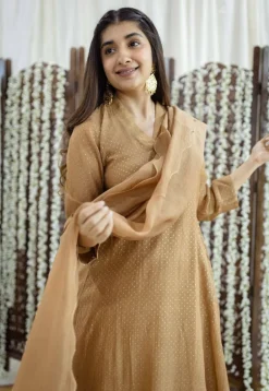 Eesha Brown Rogan Chanderi Silk A Line Kurta Set (Set of 3)