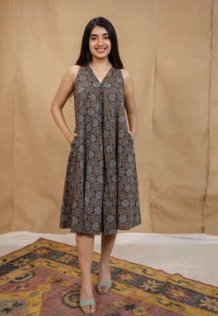 Eira Charcoal Ajrakh Cotton A Line Dress