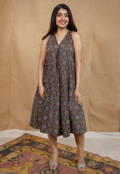 Eira Charcoal Ajrakh Cotton A Line Dress