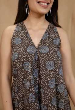 Eira Charcoal Ajrakh Cotton A Line Dress
