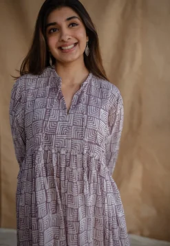 Elina Lavender Batik MulMul Cotton A Line Dress