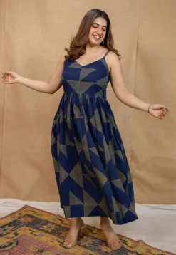 Eliya Indigo Ajrakh Cotton A Line Dress