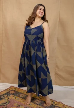 Eliya Indigo Ajrakh Cotton A Line Dress
