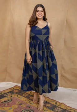 Eliya Indigo Ajrakh Cotton A Line Dress