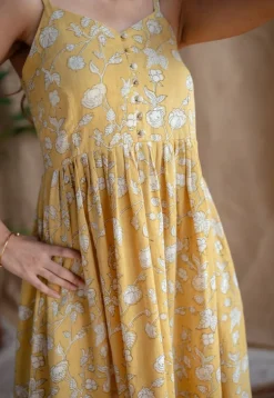 Eliya Yellow A Line Dabu Slub Cotton Dress