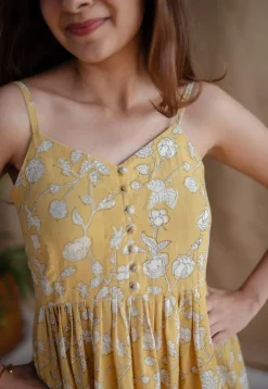 Eliya Yellow A Line Dabu Slub Cotton Dress