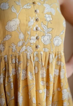 Eliya Yellow A Line Dabu Slub Cotton Dress