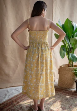 Eliya Yellow A Line Dabu Slub Cotton Dress