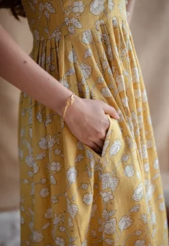 Eliya Yellow A Line Dabu Slub Cotton Dress