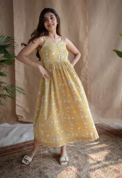 Eliya Yellow A Line Dabu Slub Cotton Dress
