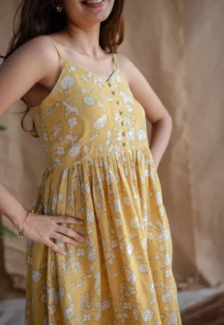 Eliya Yellow A Line Dabu Slub Cotton Dress