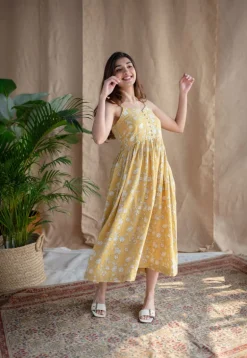 Eliya Yellow A Line Dabu Slub Cotton Dress