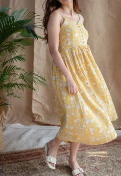 Eliya Yellow A Line Dabu Slub Cotton Dress
