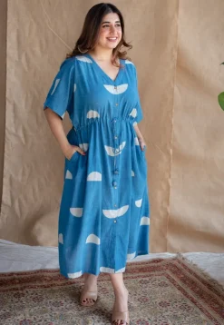 Emara Indigo Dabu Slub Cotton Loose Dress with Embroidery