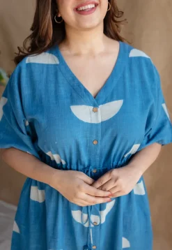 Emara Indigo Dabu Slub Cotton Loose Dress with Embroidery