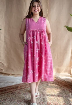 Erah Dabu Slub Cotton Hand Embroidered Dress