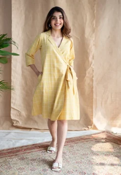 Erza Yellow Dabu Slub Cotton Straight Dress