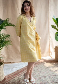Erza Yellow Dabu Slub Cotton Straight Dress