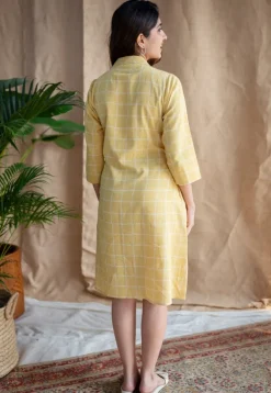 Erza Yellow Dabu Slub Cotton Straight Dress