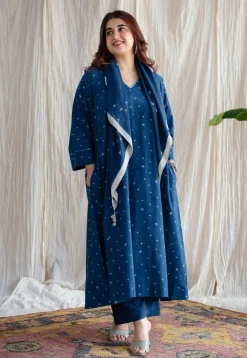 Eshika Indigo Ajrakh Cotton Jhabba Kali Kurta with Hand Embroidery