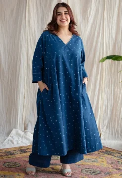 Eshika Indigo Ajrakh Cotton Jhabba Kali Kurta with Hand Embroidery