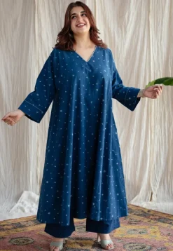Eshika Indigo Ajrakh Cotton Jhabba Kali Kurta with Hand Embroidery