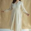 Eyza Cream Hand Block Print Slub Cotton A Line Dress with Hand Embroidery