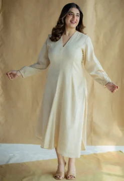 Eyza Cream Hand Block Print Slub Cotton A Line Dress with Hand Embroidery