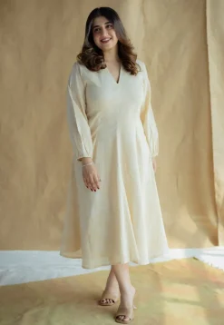 Eyza Cream Hand Block Print Slub Cotton A Line Dress with Hand Embroidery