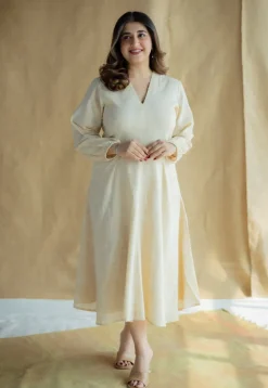 Eyza Cream Hand Block Print Slub Cotton A Line Dress with Hand Embroidery
