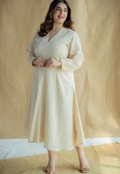Eyza Cream Hand Block Print Slub Cotton A Line Dress with Hand Embroidery
