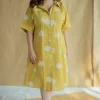 Falak Mustard Hand Block Print Slub Cotton A Line Dress