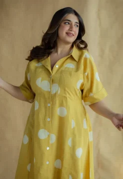 Falak Mustard Hand Block Print Slub Cotton A Line Dress
