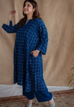 Falaq Indigo Jhabba Kali Dabu Slub Cotton Kurta