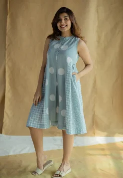 Fariyah Sky Blue Hand Block Print Slub Cotton A Line Dress