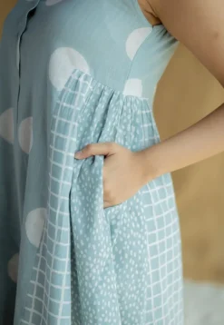Fariyah Sky Blue Hand Block Print Slub Cotton A Line Dress
