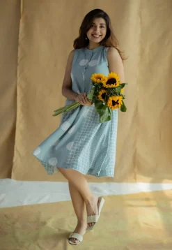 Fariyah Sky Blue Hand Block Print Slub Cotton A Line Dress