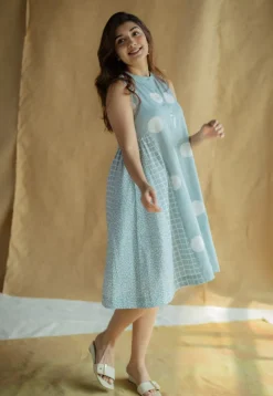 Fariyah Sky Blue Hand Block Print Slub Cotton A Line Dress