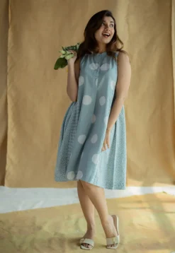 Fariyah Sky Blue Hand Block Print Slub Cotton A Line Dress