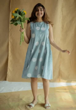 Fariyah Sky Blue Hand Block Print Slub Cotton A Line Dress