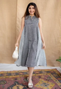 Feriha Black Hand Block Print Cotton A Line Dress