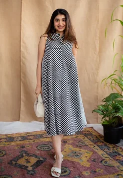 Feriha Black Hand Block Print Cotton A Line Dress