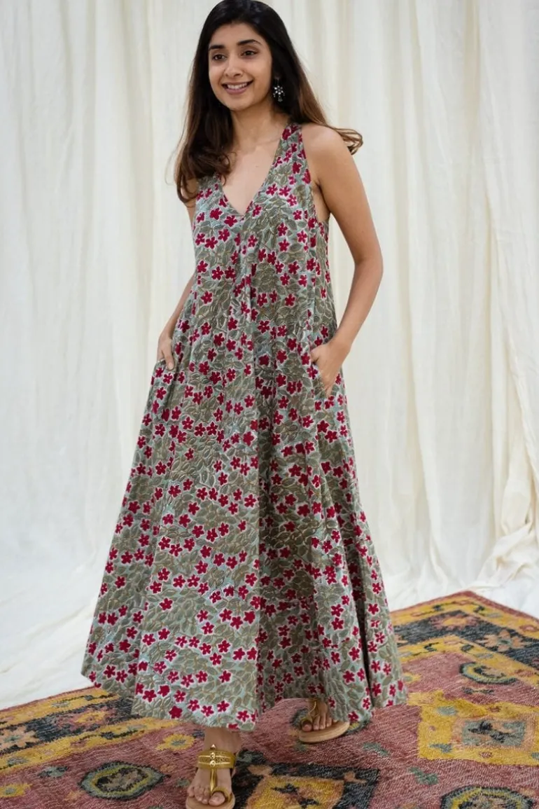 Floral Tribute Sanganeri Flared Cotton Maxi Dress