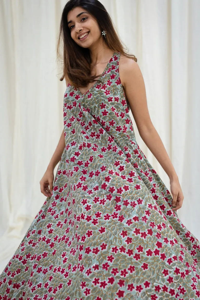 Floral Tribute Sanganeri Flared Cotton Maxi Dress