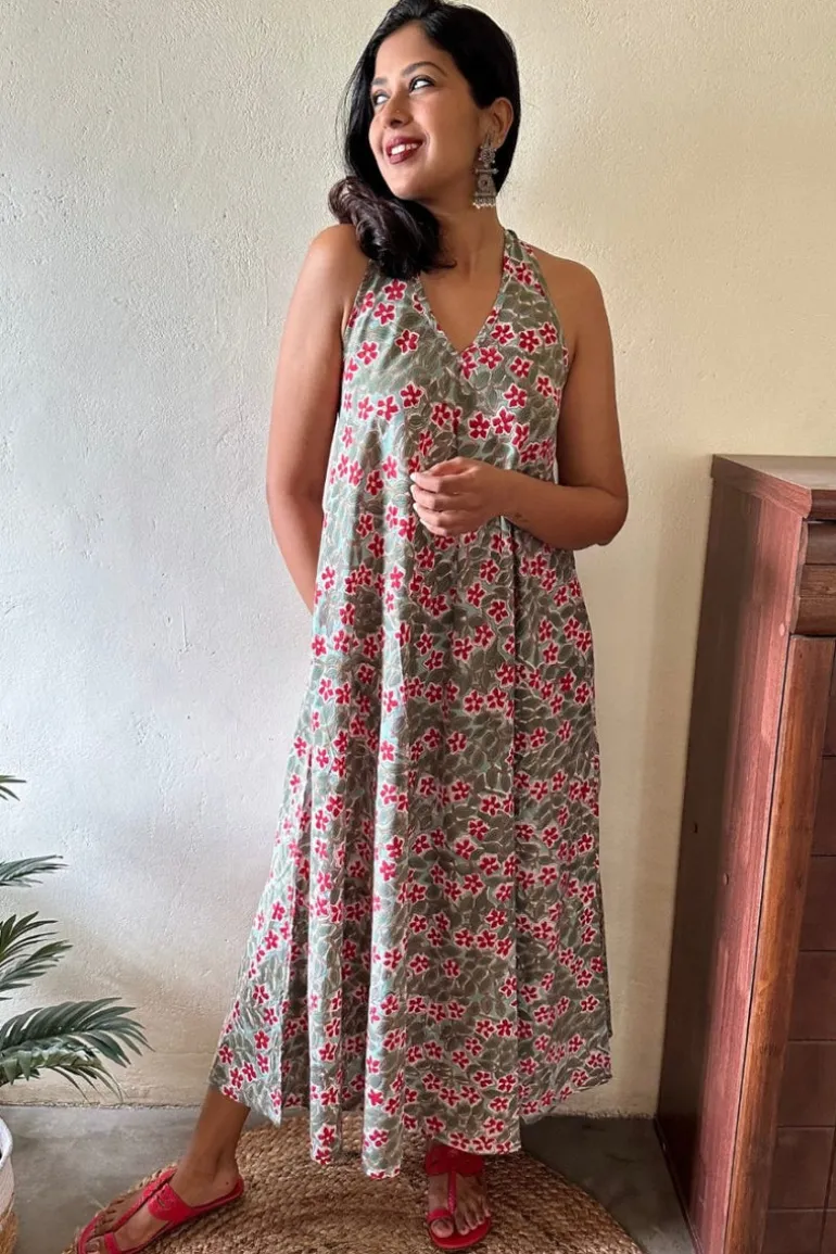 Floral Tribute Sanganeri Flared Cotton Maxi Dress