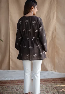 Haiza Charcoal A Line Dabu Slub Cotton Short Top