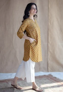 Hania Mustard Ajrakh Cotton Straight Short Top