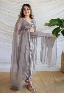 Hanifa Grey Batik Cotton Straight Kurta